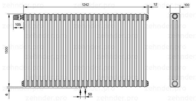 Схема (чертеж) Радиатор Zehnder Charleston 3150/27 №V007 Белый глянцевый RAL 9016